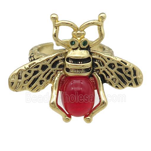 copper honeybee Rings with red cats eye stone, antique gold