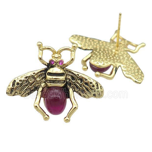 copper earring studs with gemstone, bee, gold plated