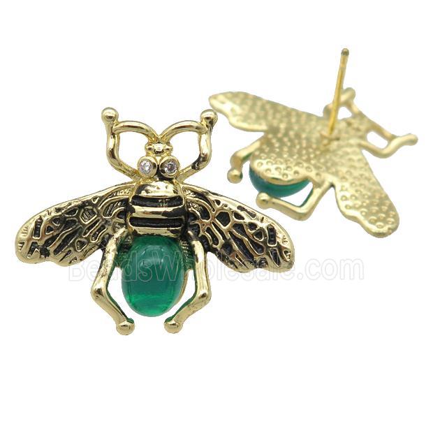 copper honeybee Stud Earring with green cats eye stone, antique gold