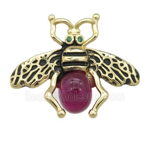copper honeybee Connector with red cats eye stone, antique gold