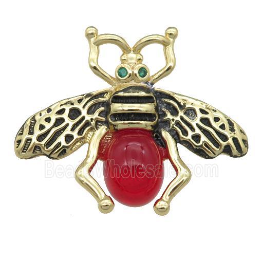 copper honeybee Connector with red cats eye stone, antique gold