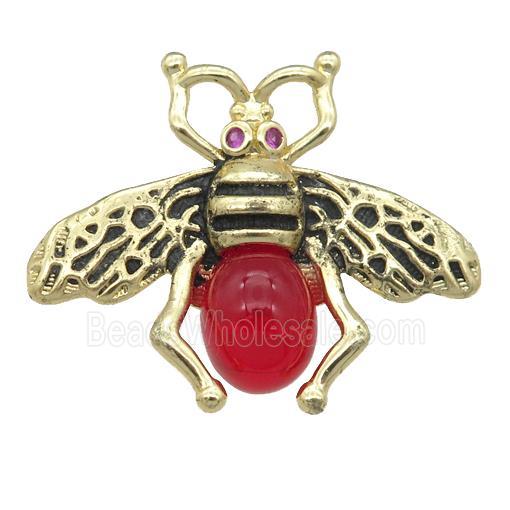 copper honeybee Connector with red cats eye stone, antique gold