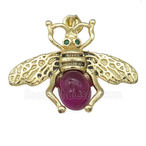 copper honeybee Pendant with red cats eye stone, antique gold