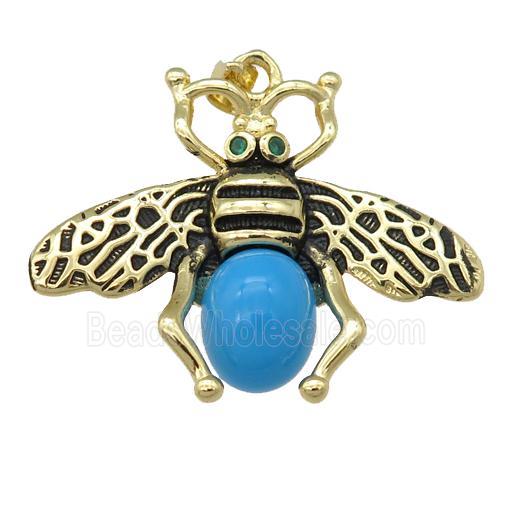 copper honeybee Pendant with turqblue cats eye stone, antique gold