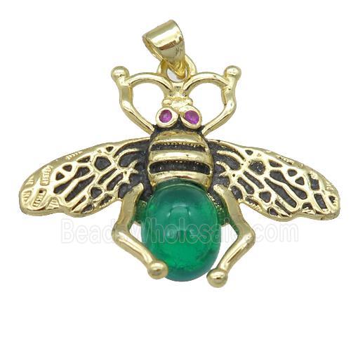 copper honeybee Pendant with green cats eye stone, antique gold