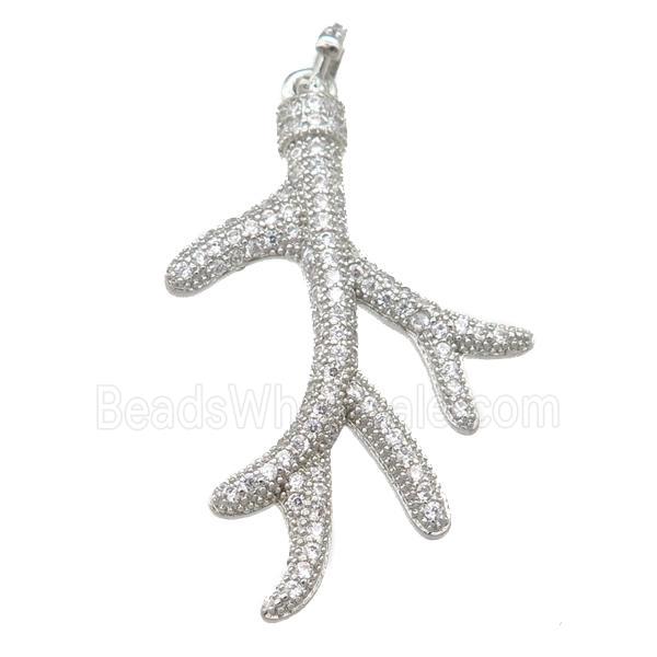 copper Antler pendant pave zircon, platinum plated