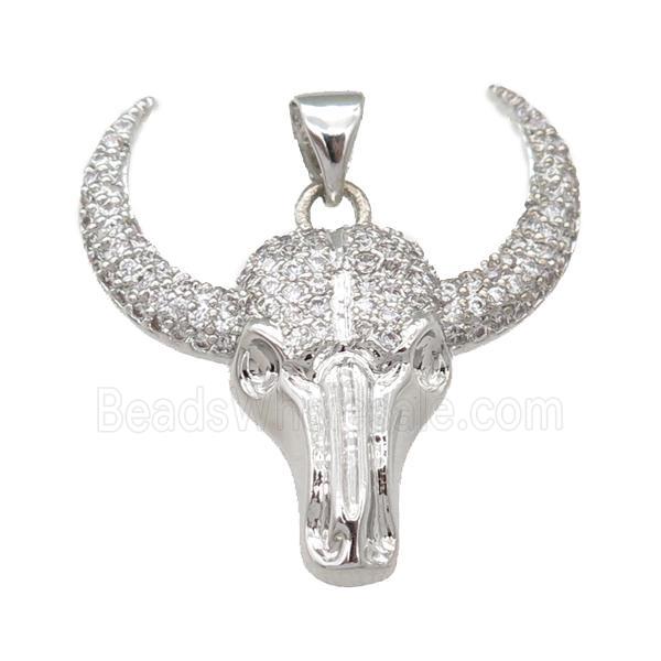 copper bullHead pendant pave zircon, platinum plated