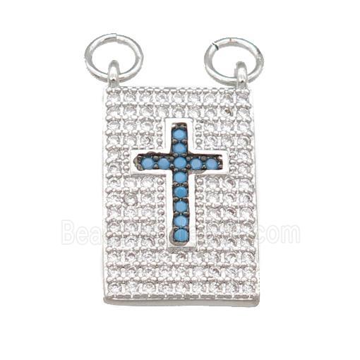 copper Rectangle pendant pave zircon, cross, platinum plated