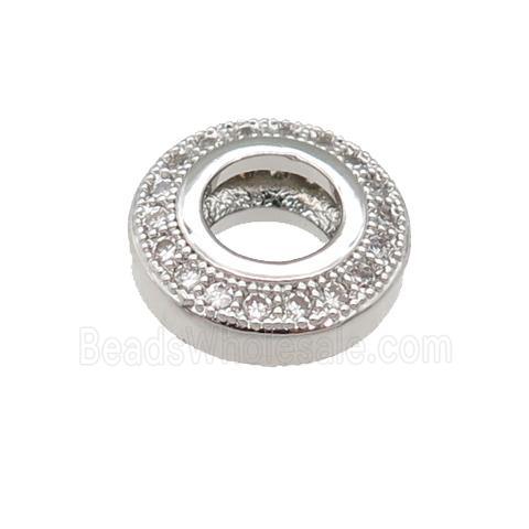 copper rondelle beads pave zircon, large hole, platinum plated