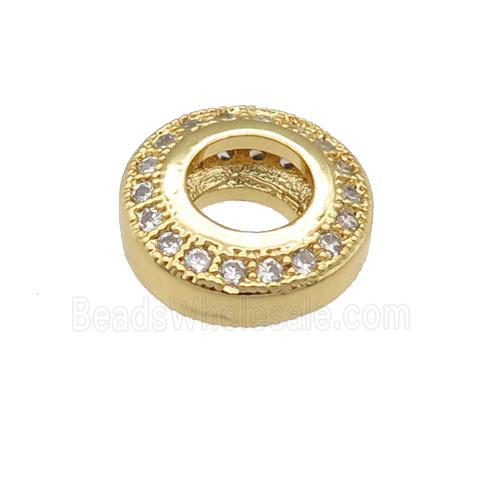 copper rondelle beads pave zircon, large hole, gold plated