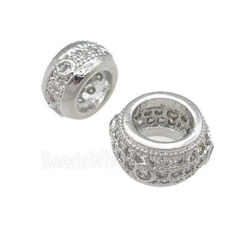 copper rondelle beads pave zircon, large hole, platinum plated