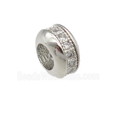 copper rondelle beads pave zircon, large hole, platinum plated