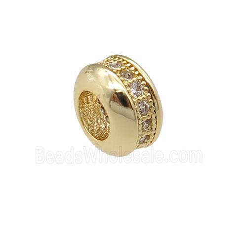 copper rondelle beads pave zircon, large hole, gold plated