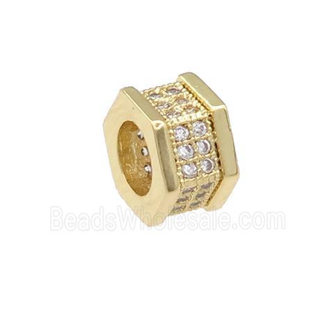 copper hexagon beads pave zircon, large hole, gold plated