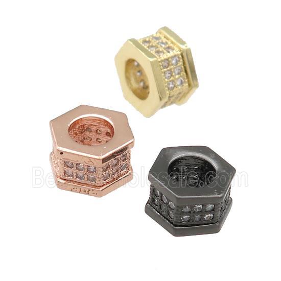 copper hexagon beads pave zircon, large hole, mixed