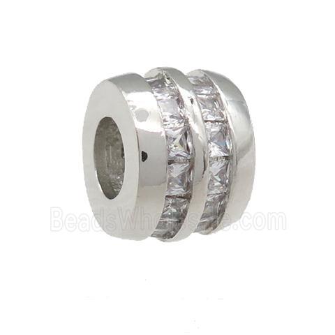 copper barrel beads pave zircon, large hole, platinum plated