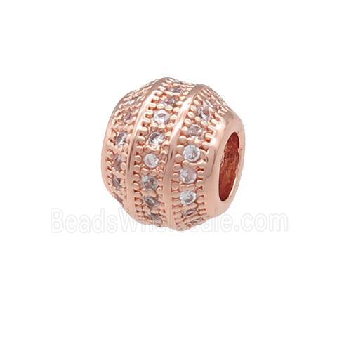 copper barrel beads pave zircon, large hole, rose gold