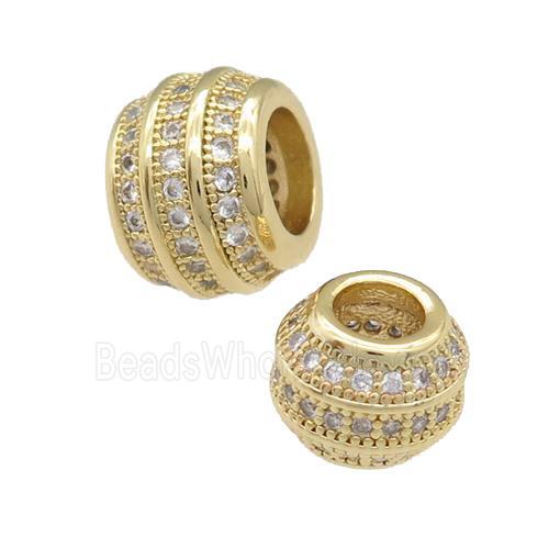 copper barrel beads pave zircon, large hole, gold plated