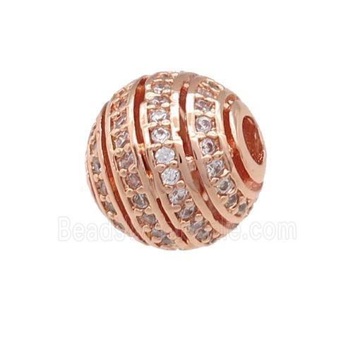 copper round beads pave zircon, large hole, hollow, rose gold
