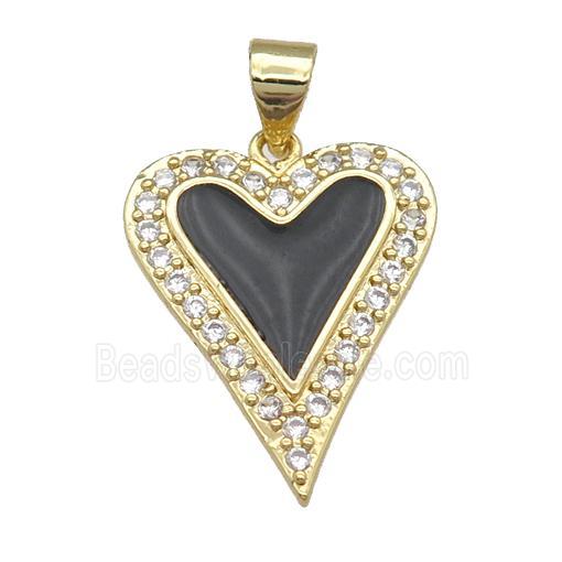 copper heart pendant pave zircon, black enamel, gold plated