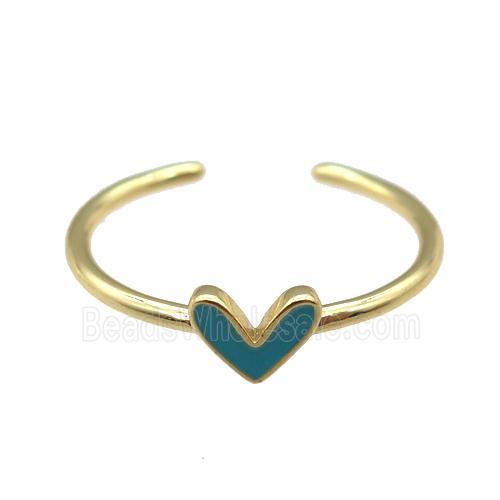 copper Ring with teal enamel heart, gold plated