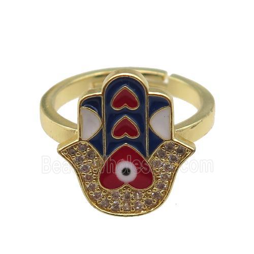 copper Ring pave zircon with enamel hamsahand, gold plated