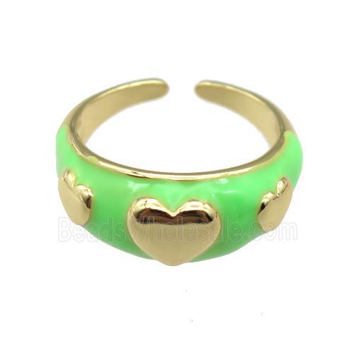 copper Ring with green enamel, heart, gold plated