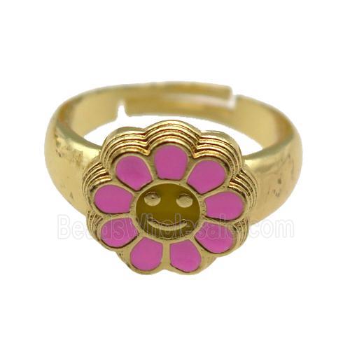 copper Ring with pink enamel daisy, adjustable, gold plated