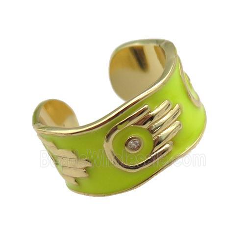 copper Ring with yellow enamel, hand, gold plated