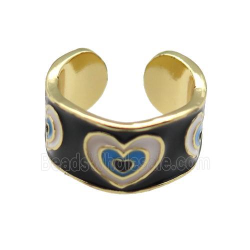 copper Ring with black enamel, heart, gold plated