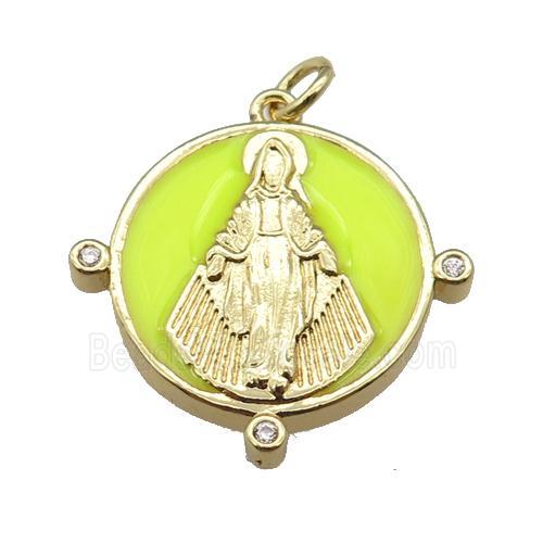 copper Pendant with Virgin Mary, yellow enamel, gold plated