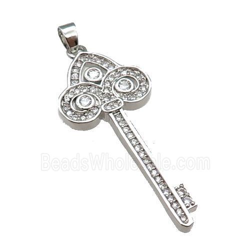 copper Key pendant paved zircon, platinum plated