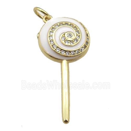 copper Lollipop pendant paved zircon with white enamel, gold plated