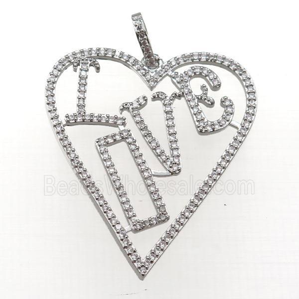copper Heart pendant paved zircon, LOVE, platinum plated