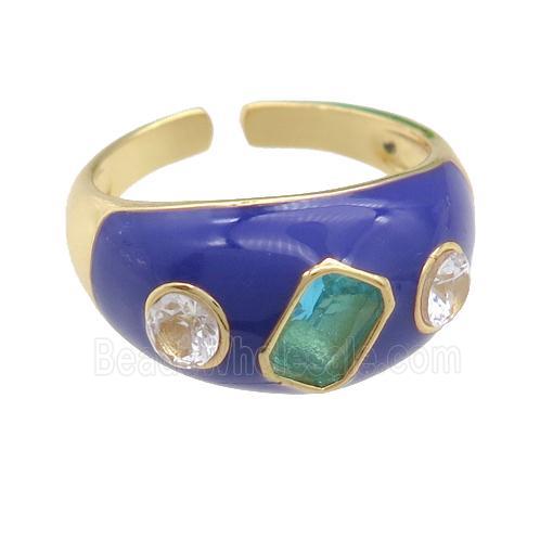copper Rings paved zircon with purple enamel, gold plated