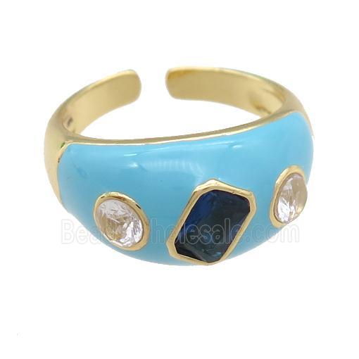 copper Rings paved zircon with lt.blue enamel, gold plated