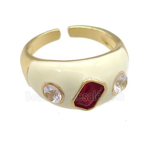 copper Rings paved zircon with white enamel, gold plated