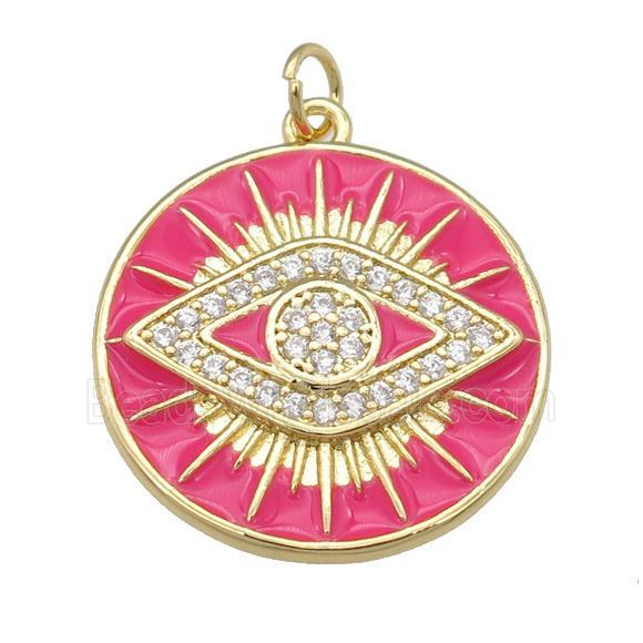 copper Circle Eye pendant paved zircon with hotpink enamel, gold plated