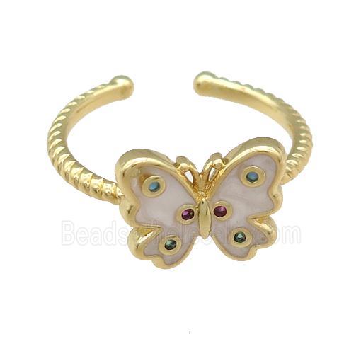 copper Butterfly Ring with white enamel, gold plated