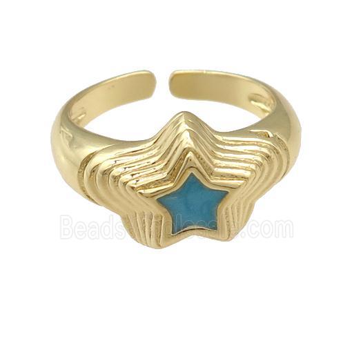 copper star Ring with teal enamel, gold plated