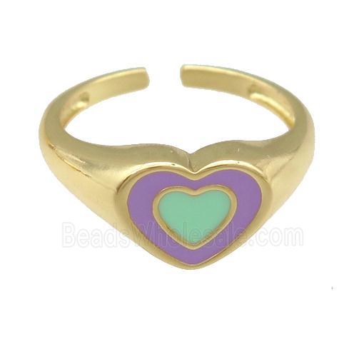 copper Ring with green enamel heart, gold plated