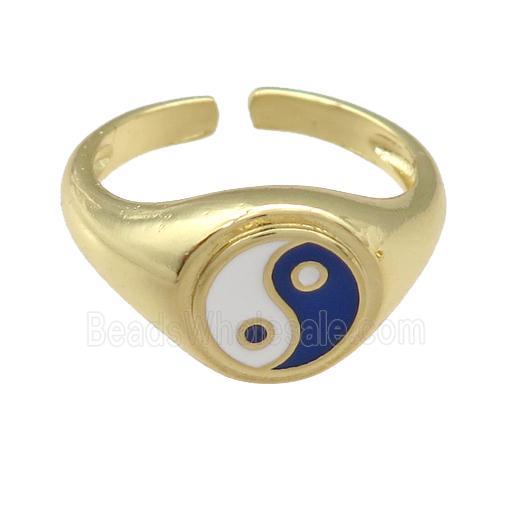 copper Ring with blue enamel taichi, gold plated