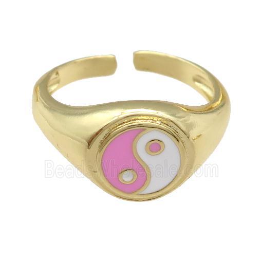 copper Ring with pink enamel taichi, gold plated