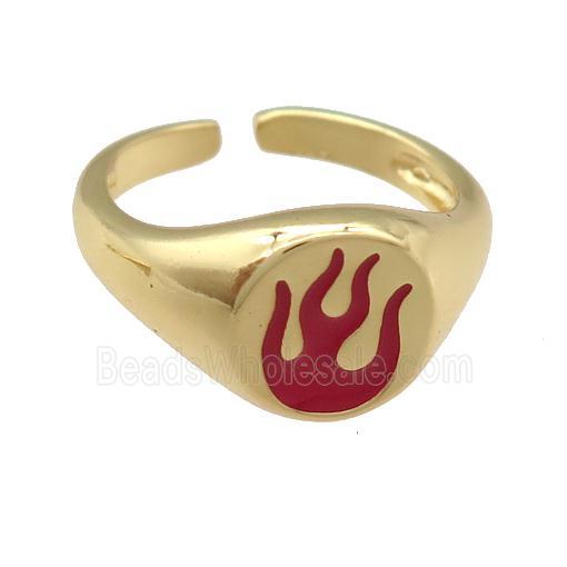 copper Ring with red enamel Fire Flame, gold plated