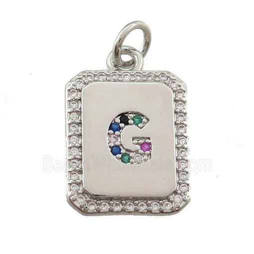 copper Letter-G pendant paved zircon, rectangle, platinum plated