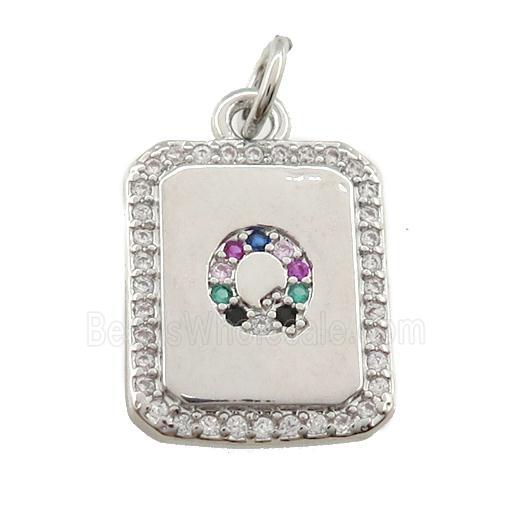 copper Letter-Q pendant paved zircon, rectangle, platinum plated