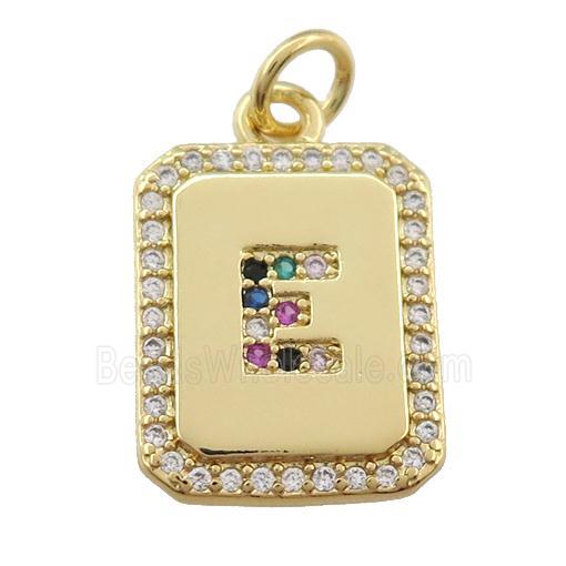 copper Letter-E pendant paved zircon, rectangle, gold plated