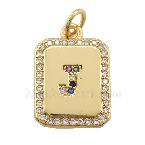 copper Letter-J pendant paved zircon, rectangle, gold plated