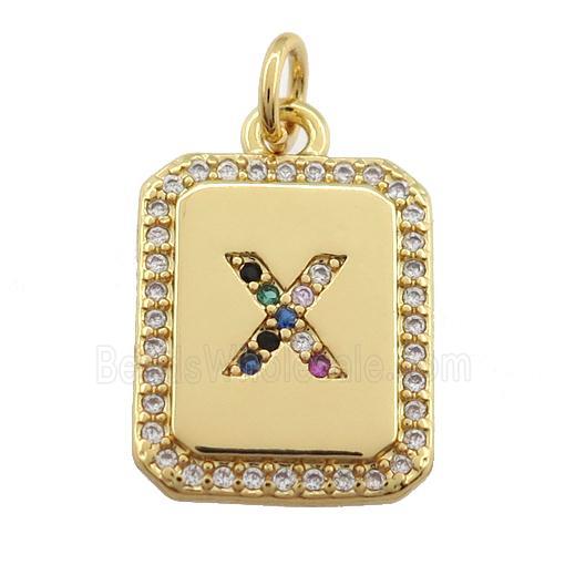 copper Letter-X pendant paved zircon, rectangle, gold plated