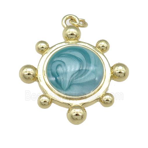 copper Tortoise pendant with green enamel, gold plated